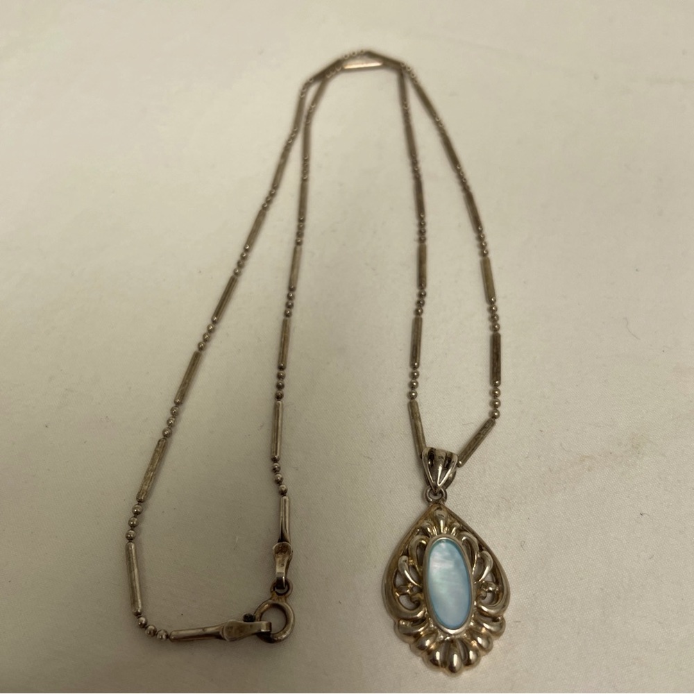 Signed MD28V Sterling Silver Small Bead Blue Stone Pendant Necklace 10” Chain